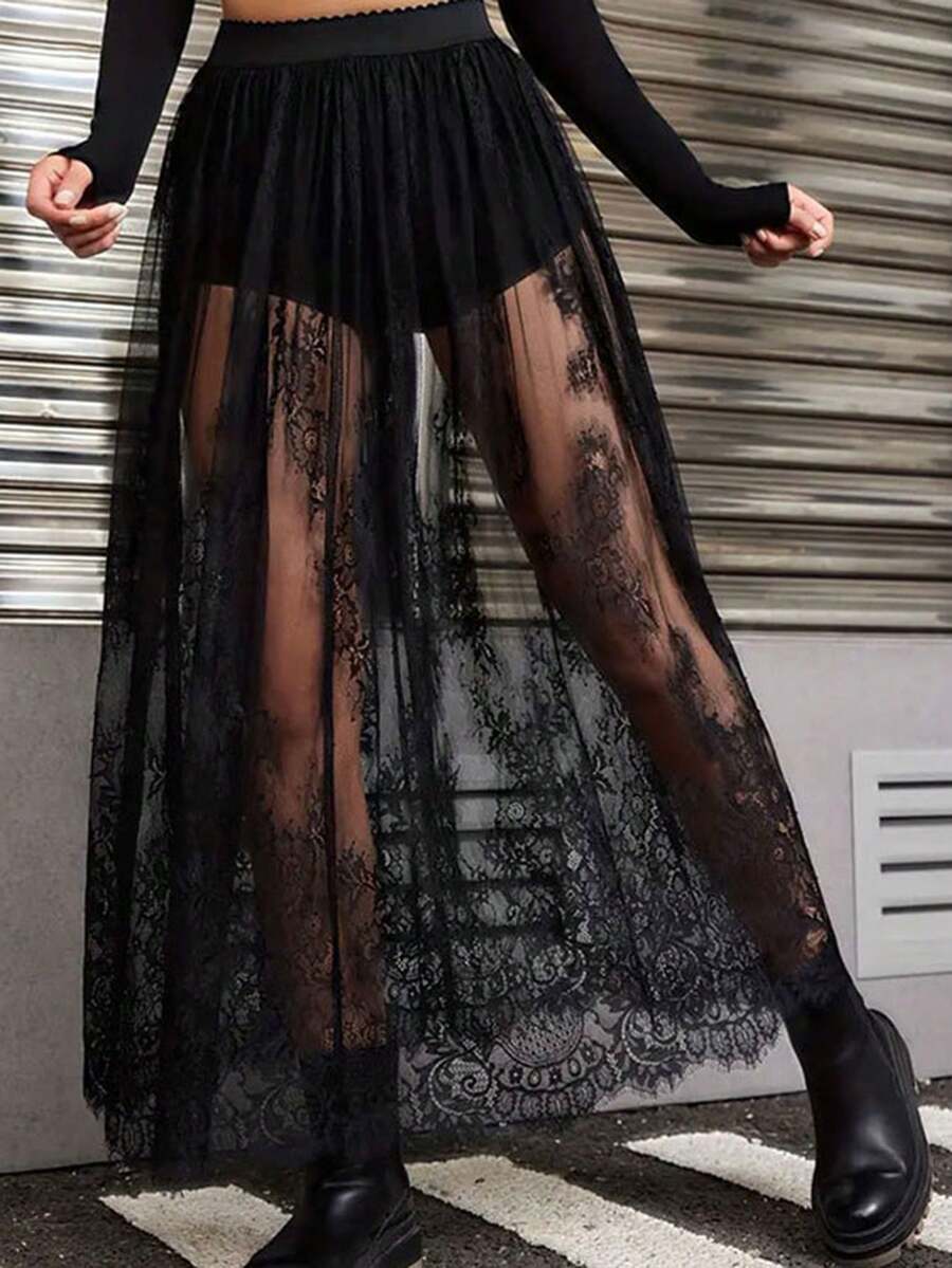 1pc Gauzy Skirt Lace Petticoat Elastic-Waisted Beach Dress(No Underwear) Fall Clothes For Women