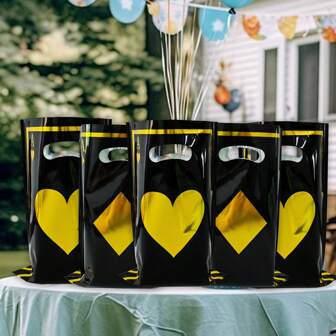 20/40 件黑色和金色心形、梅花、扑克牌主题铝箔礼品袋，防水加厚手提袋，适用于游戏、节日、生日、婚礼、派对、回礼、礼品包装