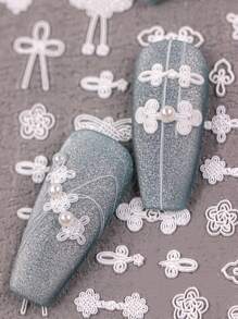 1件压花秋冬复古全白纽扣服装纽扣白色刺绣刺绣贴花复古旗袍纽扣美甲贴花美甲贴纸适合女士女孩个人DIY美甲沙龙节日使用