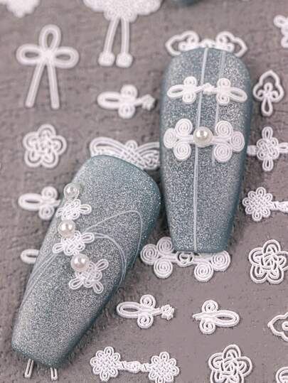 1件压花秋冬复古全白纽扣服装纽扣白色刺绣刺绣贴花复古旗袍纽扣美甲贴花美甲贴纸适合女士女孩个人DIY美甲沙龙节日使用