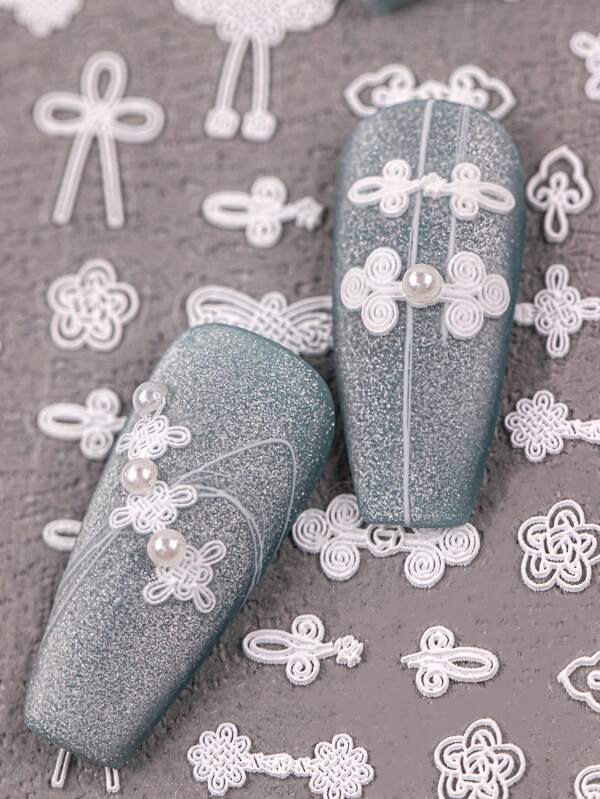 1 Piece Of Embossed Autumn And Winter Retro Full White Button Clothing Buttons, White Embroidery, Embroidery Applique, Retro Cheongsam Button Nail Art Applique Nail Art Art Sticker, Suitable For Ladies And Girls Personal DIY Nail Salon Festival Use