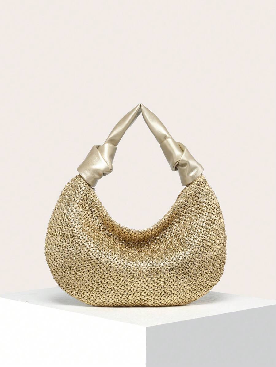 Woven Texture Pleated Knot Top Handle Bag (Replica) - Gold - View 1