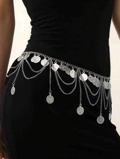 女士合金复古流苏硬币身体链，肚皮舞拉丁舞腰链，圆形设计金属女链，复古波西米亚万圣节腰链，派对配饰