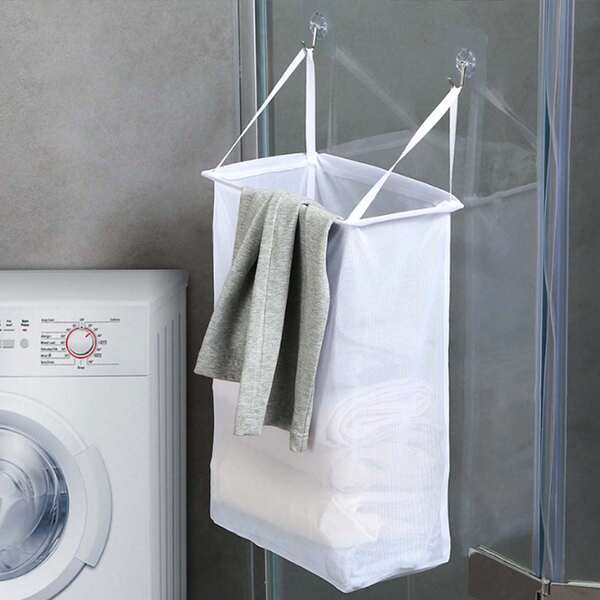 1 pezzo Cestino per il bucato a risparmio di spazio, pieghevole, resistente, con sistema di fissaggio a incolla e maniglia facile da trasportare, perfetto per le case moderne
