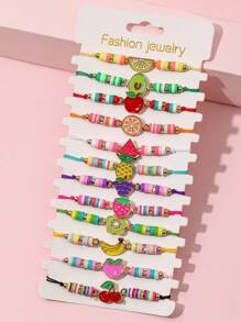 Set de 12 pulseras con colgantes ajustables hechas a mano de arcilla polimérica con diseños de unicornio, mariposa, flor, fruta, gato de dibujos animados y dinosaurio para niñas