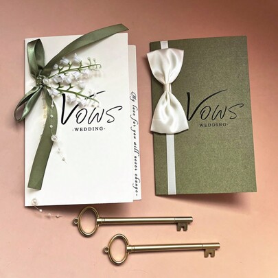 2pcs/Set, Wedding Key Shaped Pen And Oath Card, Minimalist Groom Bride Wedding Oath Statement, Wedding Stage Speech Card, Suitable For Wedding Stage Speeches, Parent Speeches, Handwritten Bride And Groom's Vows