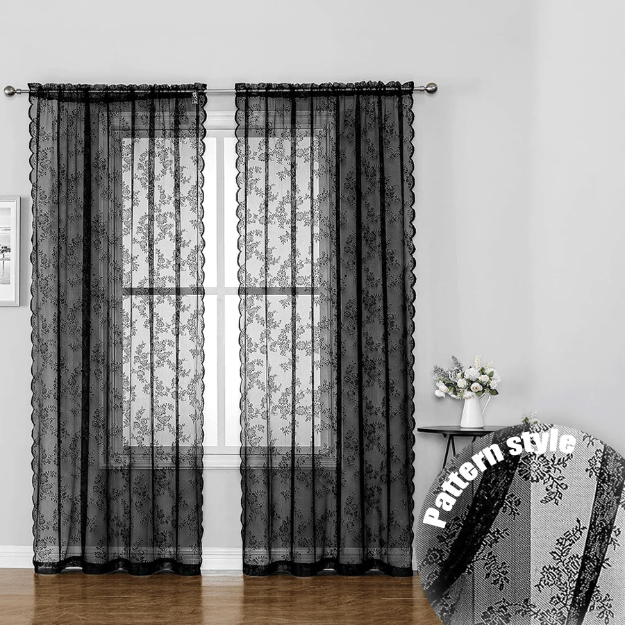 1pc Black Lace Light Filtering Sheer Curtain For Window Covering, Door Curtain Or Small Window Curtain - Black - View 1