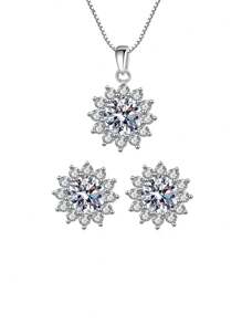 1 Set Gorgeous 5A Round Cubic Zirconia 925 Sterling Silver Engagement Bridal Wedding Party Flower Pendant Necklace And Earrings Jewelry Set For Women Valentines - White - View 2