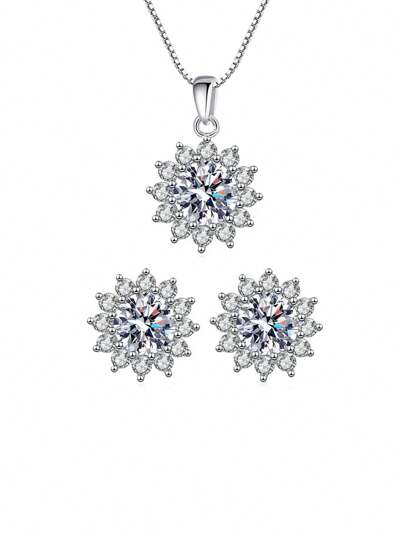 1 Set Gorgeous 5A Round Cubic Zirconia 925 Sterling Silver Engagement Bridal Wedding Party Flower Pendant Necklace And Earrings Jewelry Set For Women Valentines