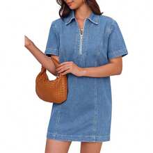 PiePieBuy女裝丹寧迷你連衣裙，夏季短袖休閒半拉鍊鴨舌頸短裙