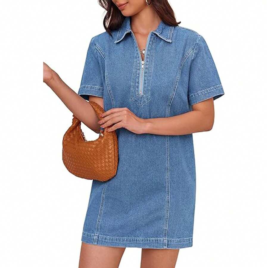 PiePieBuy女裝丹寧迷你連衣裙，夏季短袖休閒半拉鍊鴨舌頸短裙