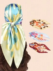 YWQLWJ 1入2024春季新款頭巾，優雅花卉印花絲綢圍巾頭巾，90cm方形圍巾頭巾，適用於打造時尚形象的髮帶及頭飾 - 彩色 - 查看 11