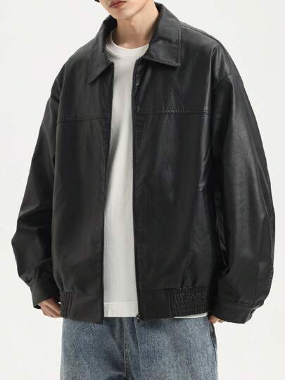 1 件男士时尚日常休闲 PU 皮革纯黑色长袖男士夹克，摩托车飞行员夹克外套，适合朋友、丈夫、男朋友的礼物，羊毛