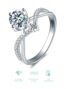 1pc 0.5 Carat 4 Claws Round Design D-Color Moissanite Engagement Ring Suitable For Women Ramantic Ring Promise Ring Anniversary Ring Luxury Jewelry Gifts Bridal Jewelry Rhinestone Ring - Silver - View 5