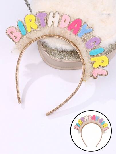 1pc Girls' BIRTHDAY GIRLS Glitter Gold Mesh Fabric Plastic Hairband Suitable For Birthday Party Wearing Gift