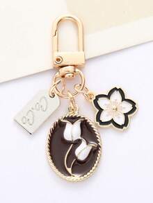 1入新款女士郁金香花形鑰匙扣，創意櫻花字母標籤裝飾手提袋或最佳閨蜜禮物 - 黑與白 - 查看 2