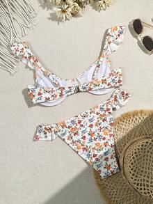 Ditsy Floral Ruffle Trim Underwire Separated Bikini Set Summer Beach - Multicolor - View 2