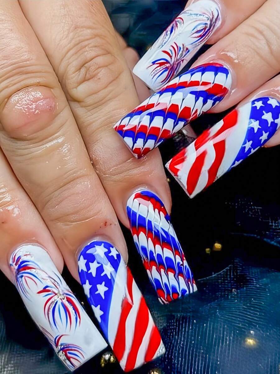 24件紅白歐美風格的超長款日系列美甲貼紙，美國國旗閃粉防水可拆式美甲貼紙，提升你的風格，適用於晚會、生日派對等場合，適合日常和派對使用的女性和女孩，包括1支果凍膠和1個指甲文件，自然貼真甲指甲用品 - 彩色 - 查看 1