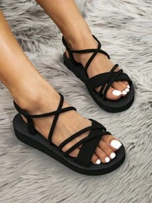 Women's Fashion Black Flat Shoes With Elastic Strap And Elegant Cross Band