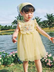 mini bala 女童连衣裙甜美耳边清新小清新格纹文艺网纱连衣裙 - 黃色 - 查看 3