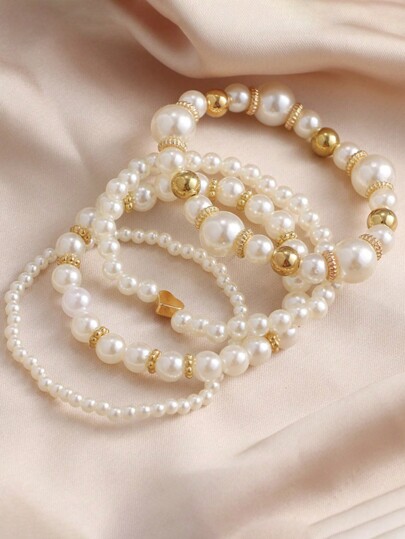 Set de 4 pulseras de múltiples capas de perlas, simples y dulces, para uso diario de niñas