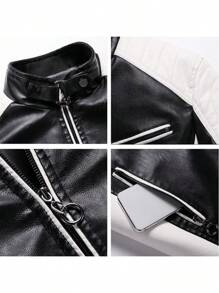 Otoño e invierno Cuello alto cremallera chaqueta de motorista de los hombres material de la PU, multi-bolsillos,  Moda Urbana - Negro - Ver 6