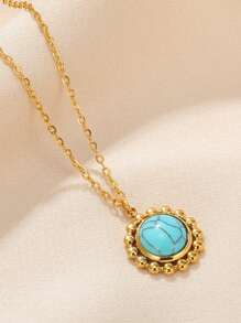 Bộ trang sức bằng thép không gỉ Vòng cổ Xu hướng Bông tai tròn Vòng tay Vòng tay cây sống Vòng tay màu vàng Trang sức đá tự nhiên dành cho nữ - Vàng - Xem 2