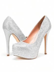 Women Stiletto High Heel Plaform Shine Pumps Elegant Solid Color Gold Dress Shoes For Party Prom Simple Style - Đá bạc - Xem 6