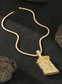 1pc 14K Plated Platinum Plated Hip Hop Jewelry Iced Out 5A Cubic Zirconia High Quality Jesus Faith Gem Pendant Necklace 4mm 20 Inch Tennis Chain Men's Rapper Accessories Couple Punk Gift - Hiphop - View 2