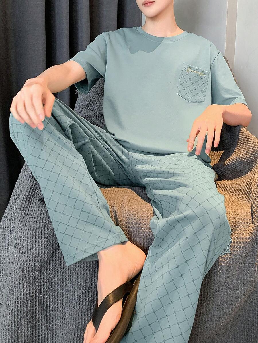 男士圆领短袖上衣长裤睡衣套装，透气吸汗家居服套装，春夏秋冬皆宜