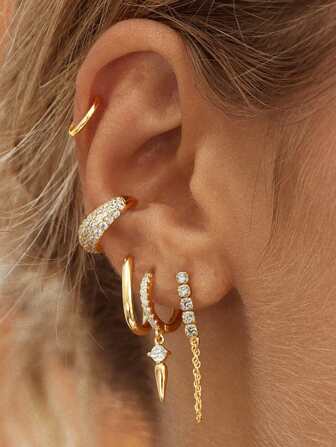 5 件经典 24K 镀金方晶锆石女式环形耳环 锆石吊坠耳环套装