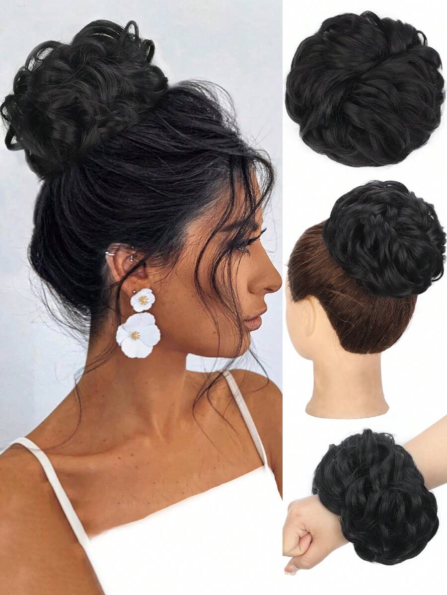 1件亂亂的髮型裝飾，捲曲波浪大髮捲束髮延伸，捲亂的髮髻合成網狀頭髮裝飾，適用於女士女孩（黑色） - 黑色 - 查看 1