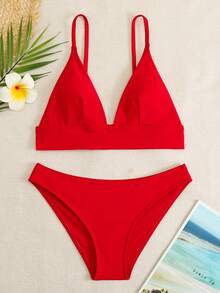 Adjustable Strap Sexy Solid Red High Waisted Bikini With Thong Bottom, 2pcs/Set - Red - View 1