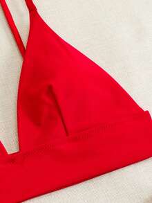 Adjustable Strap Sexy Solid Red High Waisted Bikini With Thong Bottom, 2pcs/Set - Red - View 3