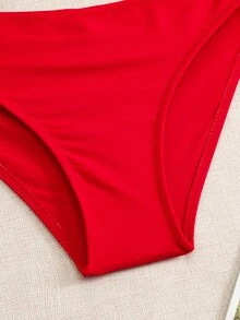Adjustable Strap Sexy Solid Red High Waisted Bikini With Thong Bottom, 2pcs/Set - Red - View 5