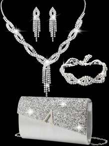 LETODE 4 Pieces Rhinestone Jewelry Set Bling Necklace Earrings Bracelets Set For Women Evening Clutch Bag Bridal Wedding Sparkling Glitter Elegant Envelope Bag Purse For Women Prom With Detachable Metal Chain For Wedding And Party Shoulder Bag For Women Clutch Purses For Ladies Bag Women's Handheld Evening Bag Versatile Glitter Handheld Bag Cocktail Party Wedding New Wallet Banquet Bag