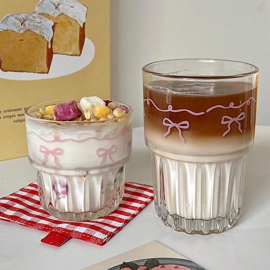 1 件夏季母亲节玻璃咖啡杯时尚风格透明粉色蝴蝶结牛奶早餐冷饮玻璃杯可重复使用 Y2k 茶水杯适合女士女孩母亲节礼物 - 彩色 - 查看 1