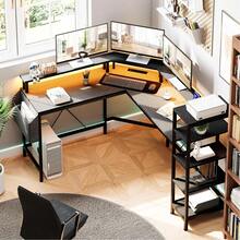 62" L Shaped Gaming Desk With Power Outlet And LED Lights,Computer Desk With USB Ports,L Shape Desk With Full Monitor Stand & Storage Shelves,Corner Desk Gaming Desk,Home Office Desk - 黑色 - 查看 5