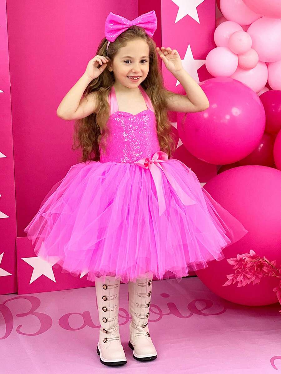 1pc Girls' Pink Princess Tulle Tutu Dress With Headband For Daily & Casual Wear - Hot Pink - View 1