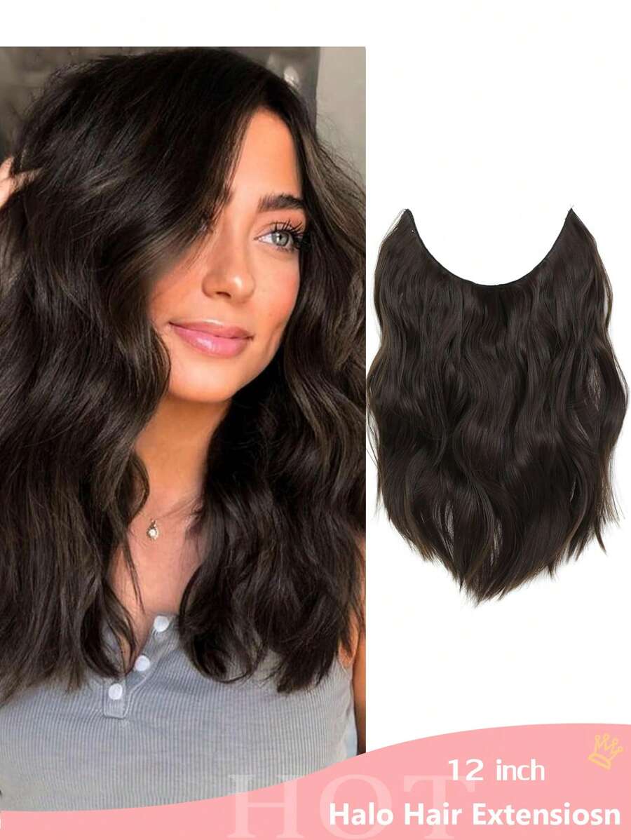 Tóc nối Halo 12 inch, dây vô hình, tóc nối tổng hợp dạng kẹp điều chỉnh được, kiểu gợn sóng - Màu nâu đậm - Màu nâu tối - Xem 1