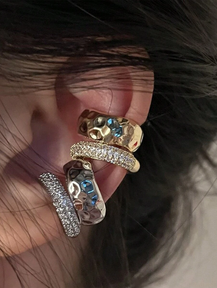 朋克风无耳洞粗圆夹式耳环，金色纹理圆线耳夹，粗犷耳夹，珠宝礼品 - 鑲鑽耳夾 - 查看 1