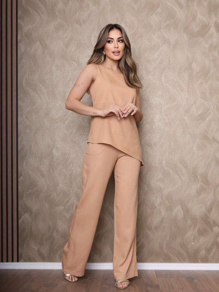 Conjunto Alfaiataria Social Feminino Calça e Assimétrico Blusa sem Manga - Caqui - Visão 2