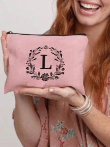 黑色花圈字母化妝包，帶有26個字母化妝品收納袋，寬敞的拉鍊化妝包，耐用的洗漱包，旅行用品收納箱，適合女性禮物，粉色收納袋，旅行必備品，婚房裝飾，送給最好的朋友和老師的禮物，禮物收納盒，珠寶收納盒，浴室套裝收納盒，香水收納盒，大容量化妝包手提包 - 粉色 - 查看 8