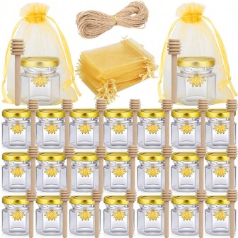 VICKYO 20 Sets Glass Mini Honey Jars With Gold Lids, 45ml/1.52oz Transparent Glass Honey Bottles With Bee Pendant And Wooden Dips, Bulk Mini Jar Honey Jars For Jam Candies, Babyshower Party Favors Holiday Gifts Bee Themed Party Favor