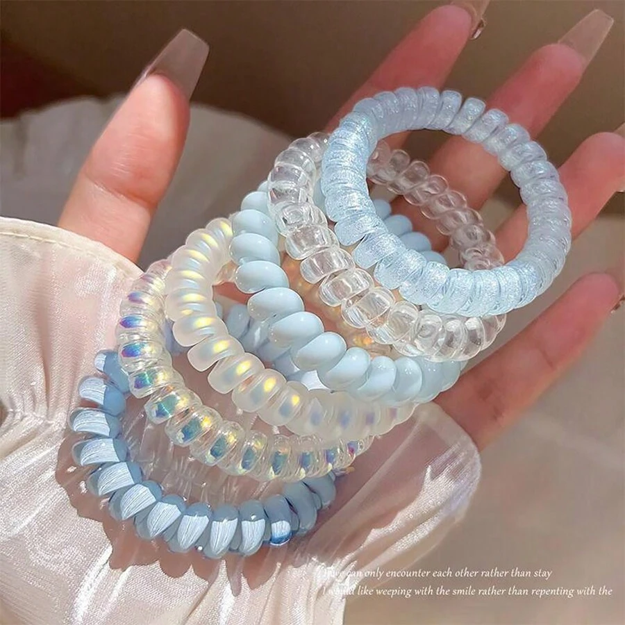 6条甜美可爱蓝色螺旋发圈，弹性发绳，女士精致电话线圈发饰，日常装饰，马尾辫发圈，发绳，发圈，发圈，发饰，弹性发带 - 藍色 - 查看 1
