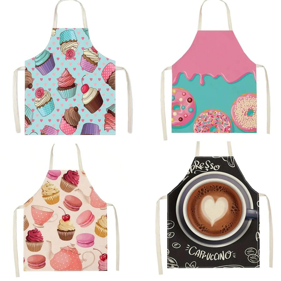 1 pieza delantal de cocina 3D impreso con diseño de pastel postre y café para mujer, delantal de limpieza - Multicolor - Ver 1