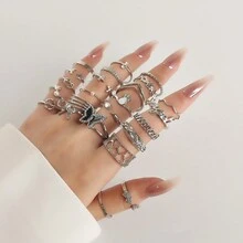 24 chiếc nhẫn xuyên biên giới có đính đá giả, hình ngôi sao, mặt trăng, mắt, thánh giá, lá, bướm, trái tim, nhiều khớp, ngọc trai, thiết kế mặt trời và mặt trăng dành cho nữ - Nhiều màu - Xem 6