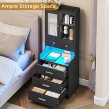 Tall Nightstand With Charging Station, LED Bedside Table With Bookshelf And Drawers, Black - Black - View 4