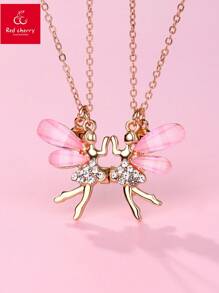Conjunto de 2 piezas de collar magnético para niñas con alas de ángel de aleación de zinc, resina rosa y diamantes de imitación blancos, joyería linda para uso diario y mejores amigas - Dorado - Ver 3