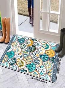 1 Mehrfarbiger Polyester Crystal Velvet Teppich für Küche, Gästezimmer, Garten und Outdoor Bereich, moderner europäischer Stil halbkreisförmiges Bohemian minimalistisches Muster, schwarz auf der Rückseite, ultradünn und strapazierfähig, schmutzabweisender Bodenbelag, geeignet für Schlafzimmer, Flur, Waschküche, Eingangsbereich, Badezimmer, Türmatte, Outdoor-Sport, dekorativer Teppich, kann von Hand oder in der Waschmaschine gewaschen werden.